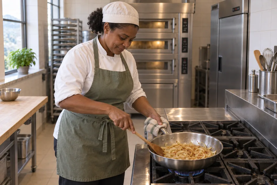 Baker stirring soft golden onions in a stovetop saute pan.