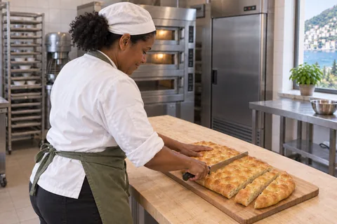 One plain golden focaccia cut into matching broad strips on a board.