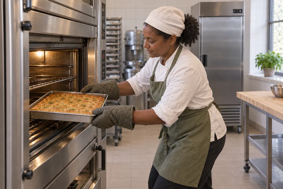 Baker removing one golden rectangular rosemary focaccia in its pan.