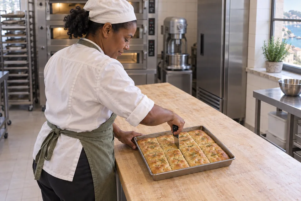 Eight portions of rosemary focaccia cut in a two-by-four grid in the pan.