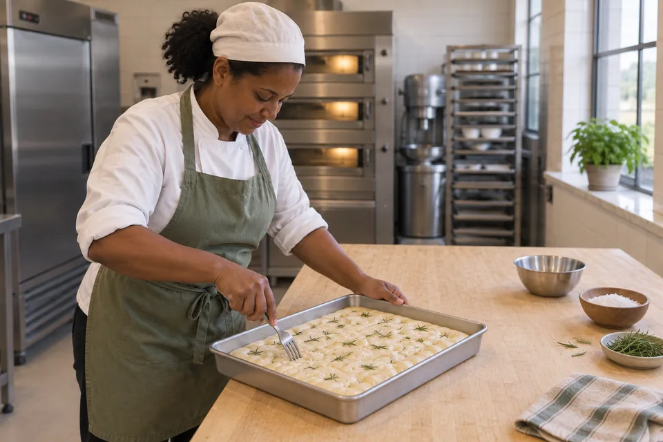 A fork making small punctures in rectangular rosemary focaccia dough.