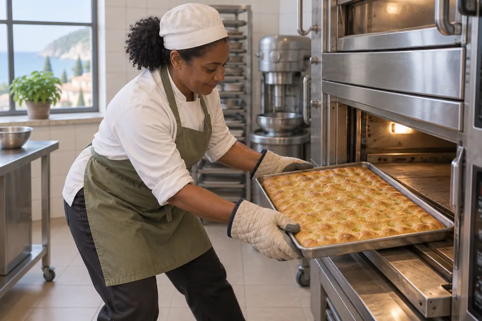 One plain golden focaccia filling an unlined rectangular baking sheet.