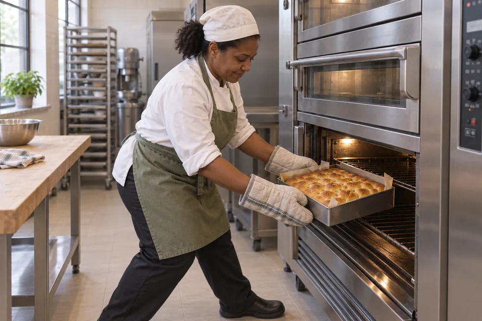 One golden square focaccia in its parchment-lined pan at the oven.