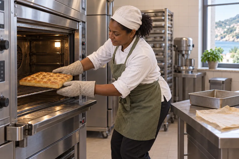 One unmoulded square focaccia directly on an oven rack, with pan and parchment removed.