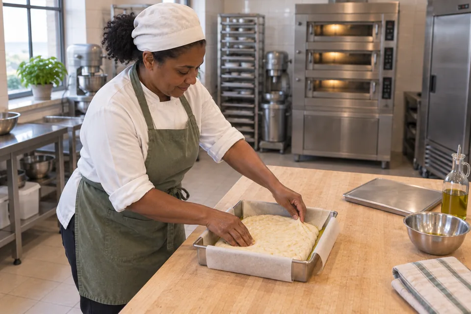 Soft dough being spread in an oiled square pan with a parchment sling.