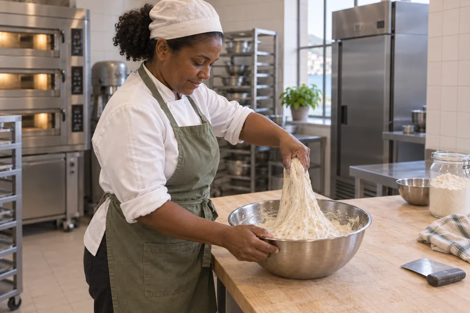 Baker folding a broad connected sheet of glossy wet dough.