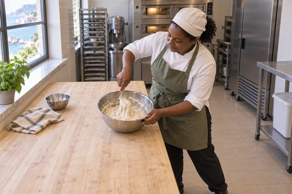 Very loose sticky white dough stretching off a spoon into a steel bowl.