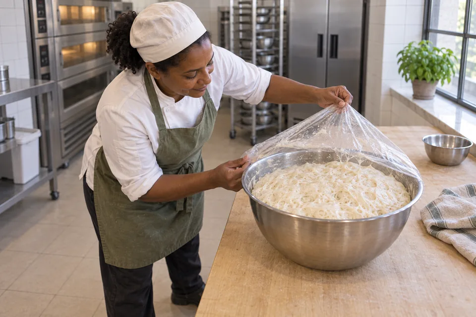 Baker uncovering a very bubbly loose dough in an oiled bowl.