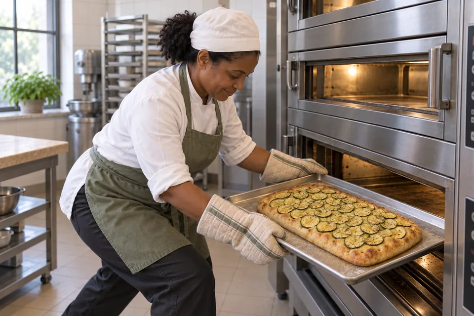 Baker removing golden focaccia covered with thin softened zucchini rounds.
