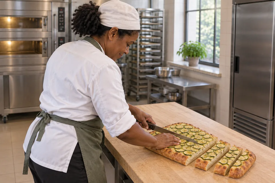 One baked zucchini focaccia sliced into adjacent matching strips.