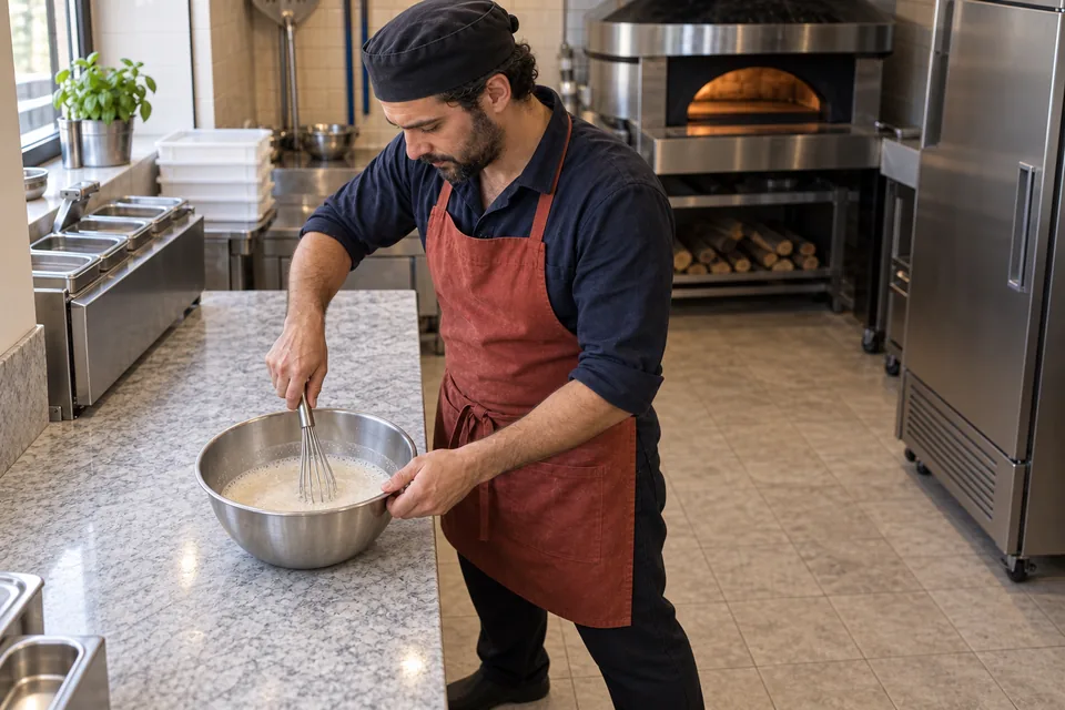 Cook whisking lightly foaming yeast liquid in a steel bowl.