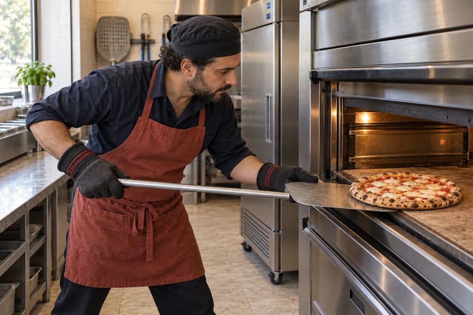 A browned tomato-and-mozzarella pizza on a hot oven stone.