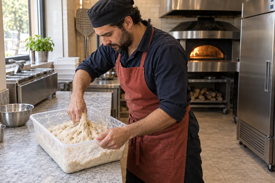 A damp hand pinching and folding white pizza dough in a tub.