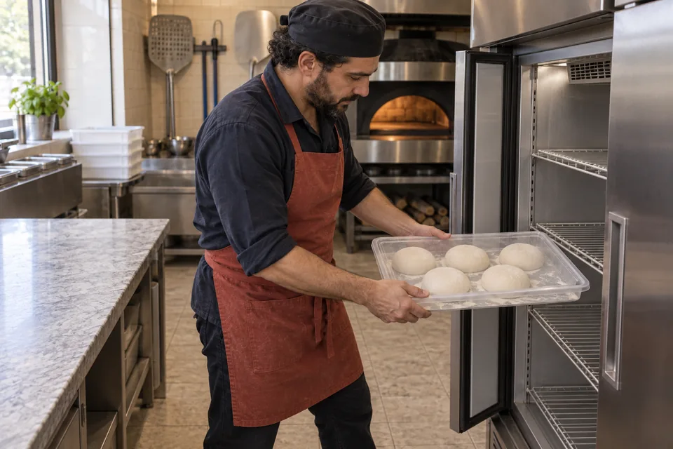 Cook holding a covered tray of five dough balls beside an open refrigerator.