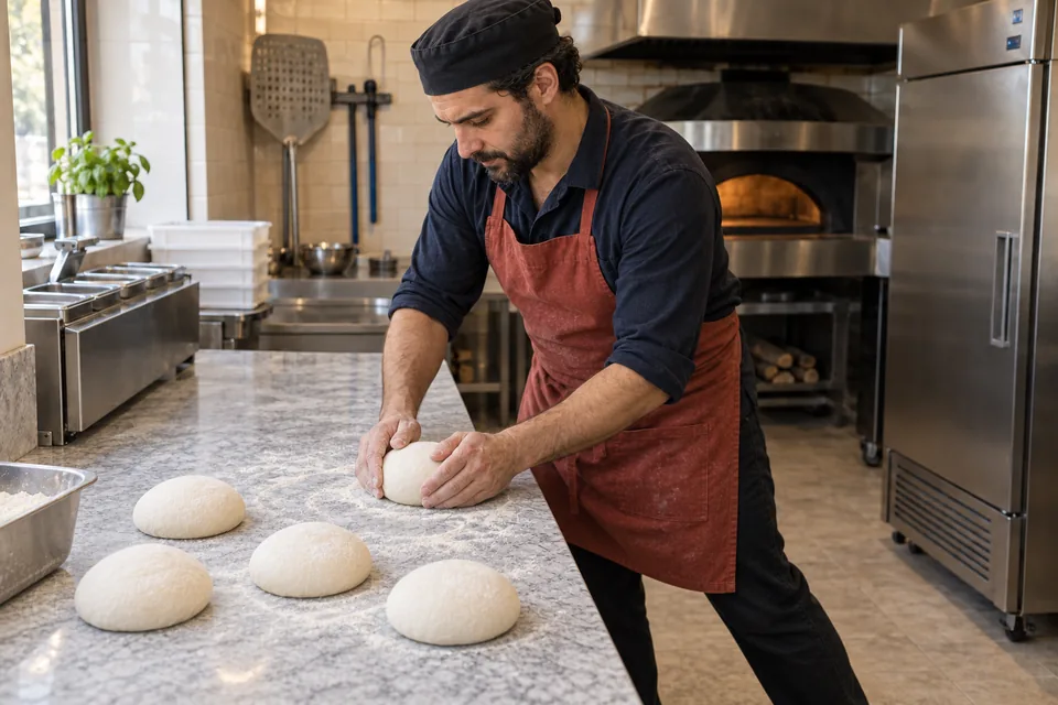 Five white pizza-dough balls, with the cook rounding one of them.