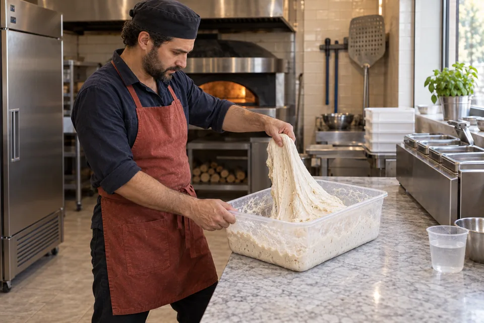 Pizza cook lifting one connected edge of elastic dough to fold it.