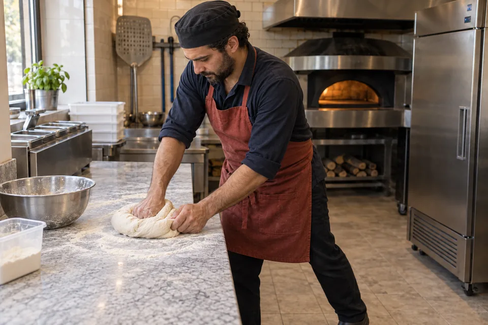 Cook leaning forward to knead one soft white dough mass.