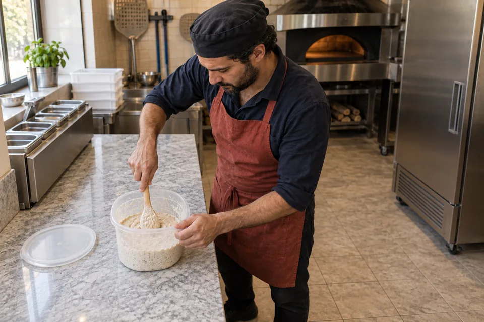 Pizza cook stirring a small bubbly sourdough build in a clear container.