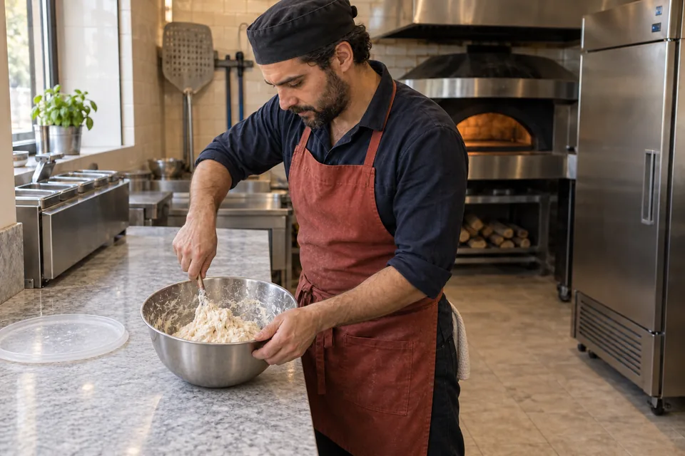 Cook stirring a small sticky no-knead dough in a steel bowl.