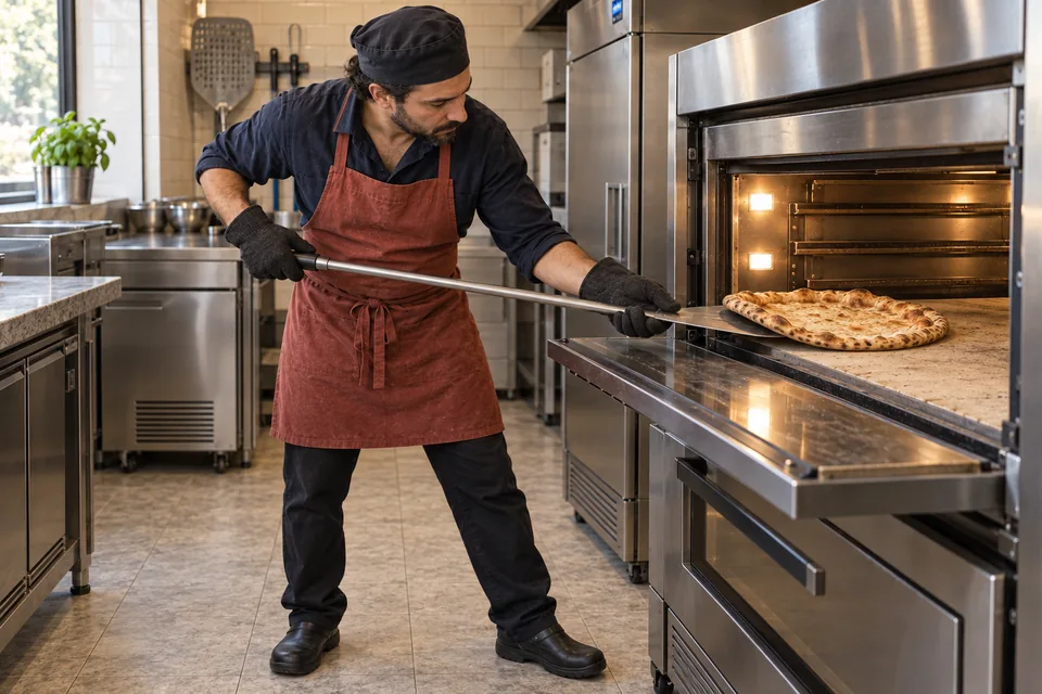 A plain blistered pizza base checked with a peel on an oven stone.