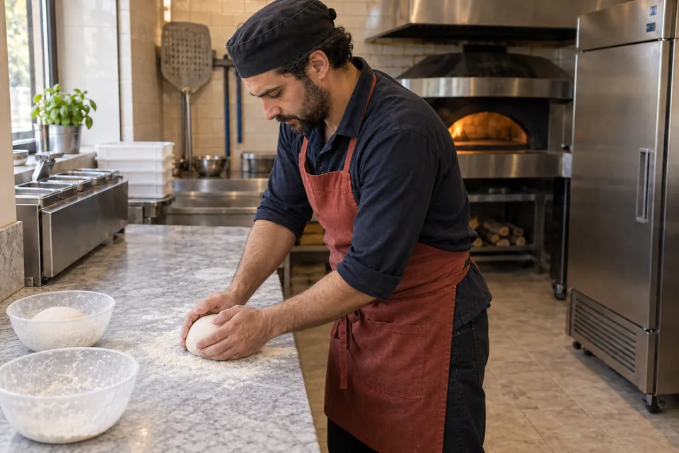 Two dough portions, one being rounded and one resting in a floured bowl.