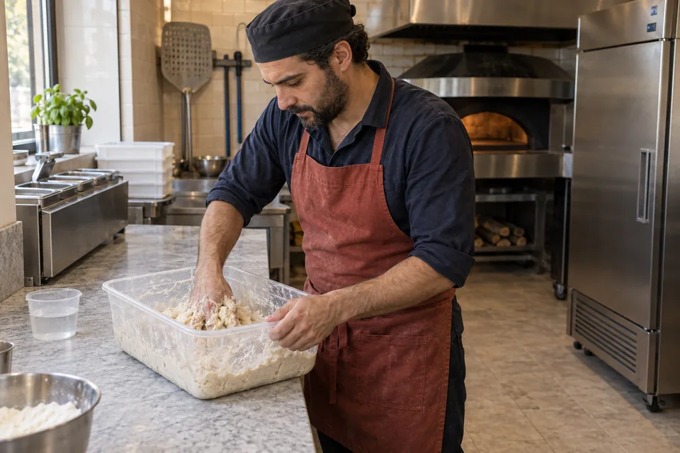 Pizza cook mixing a rough white dough in a clear tub.