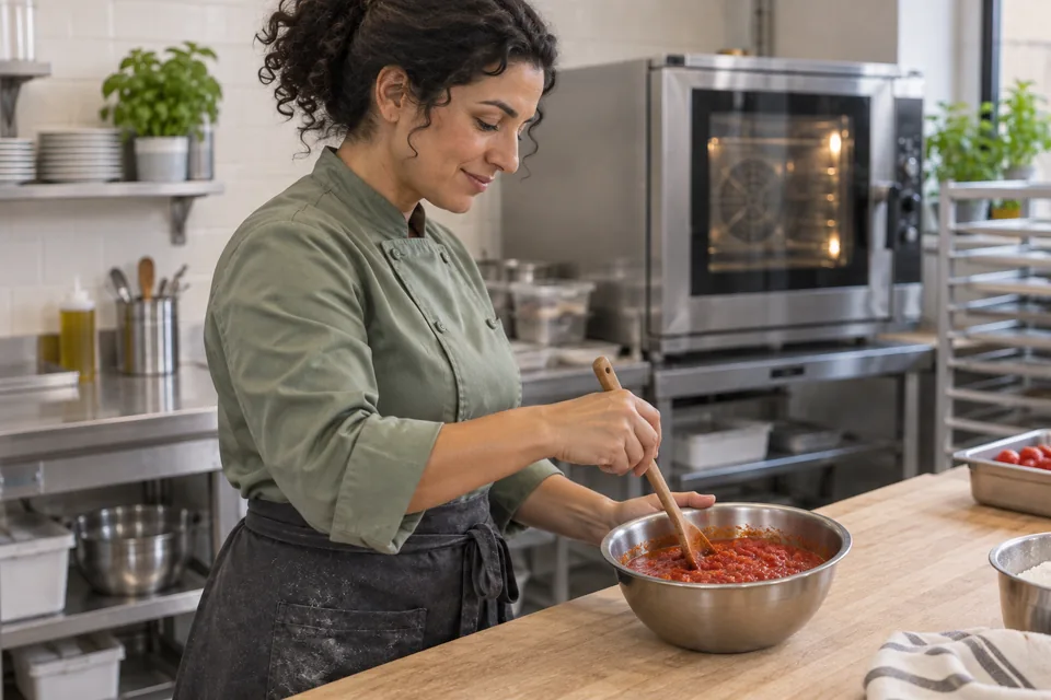Chunky tomato pulp stirred with olive oil in a bowl, with little free liquid.