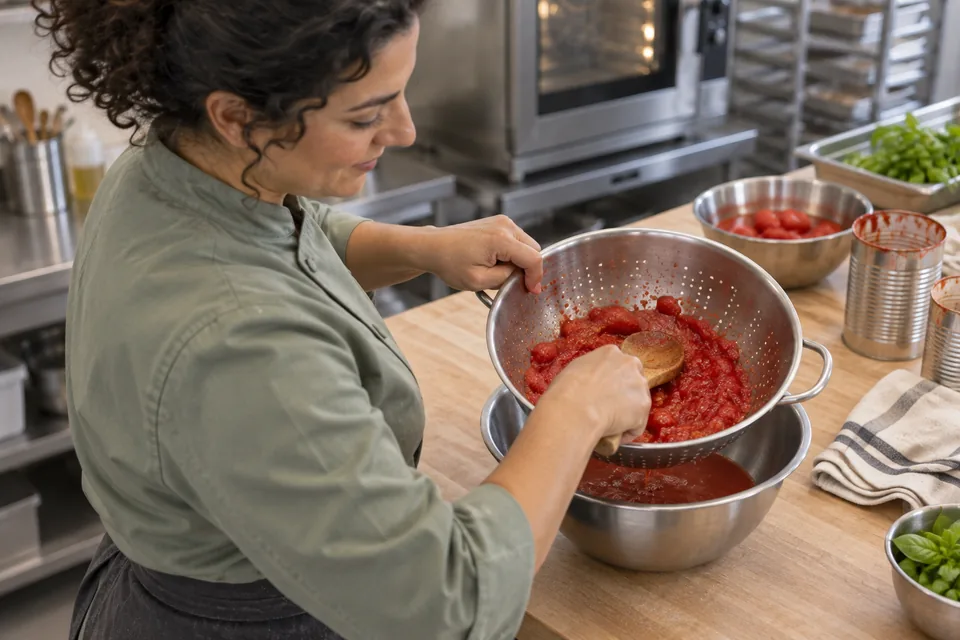 Chef crushing drained tomatoes with a wooden spoon in a colander.
