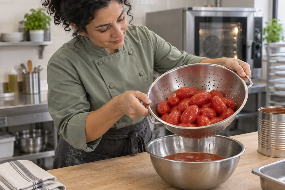 Whole peeled plum tomatoes draining in a colander over a bowl of reserved juice.