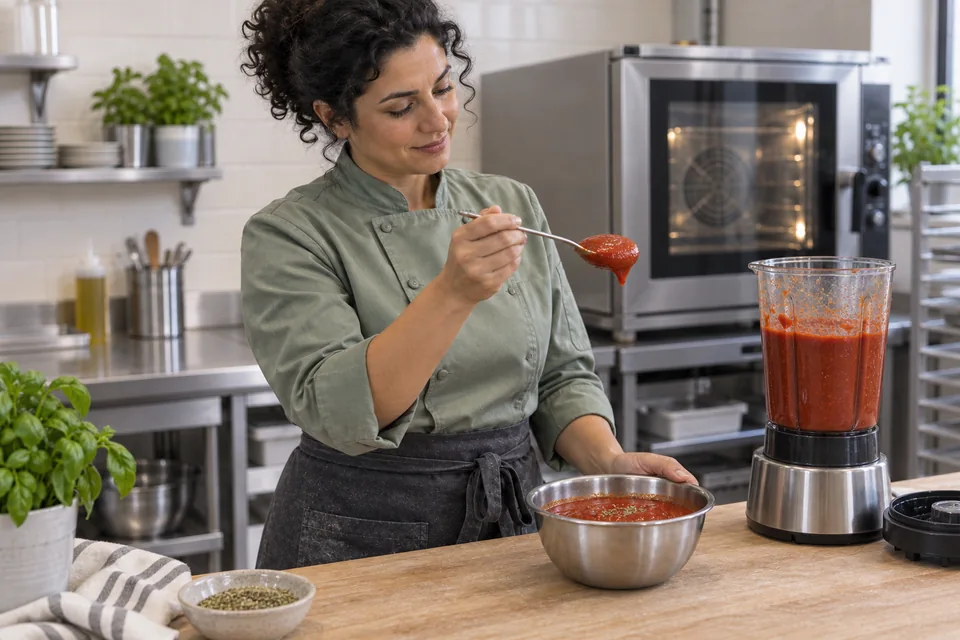 Chef checking smooth spoonable tomato sauce beside a stopped blender.