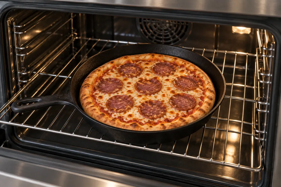 A beef salami skillet pizza baking until the crust is golden and the topping cooked.