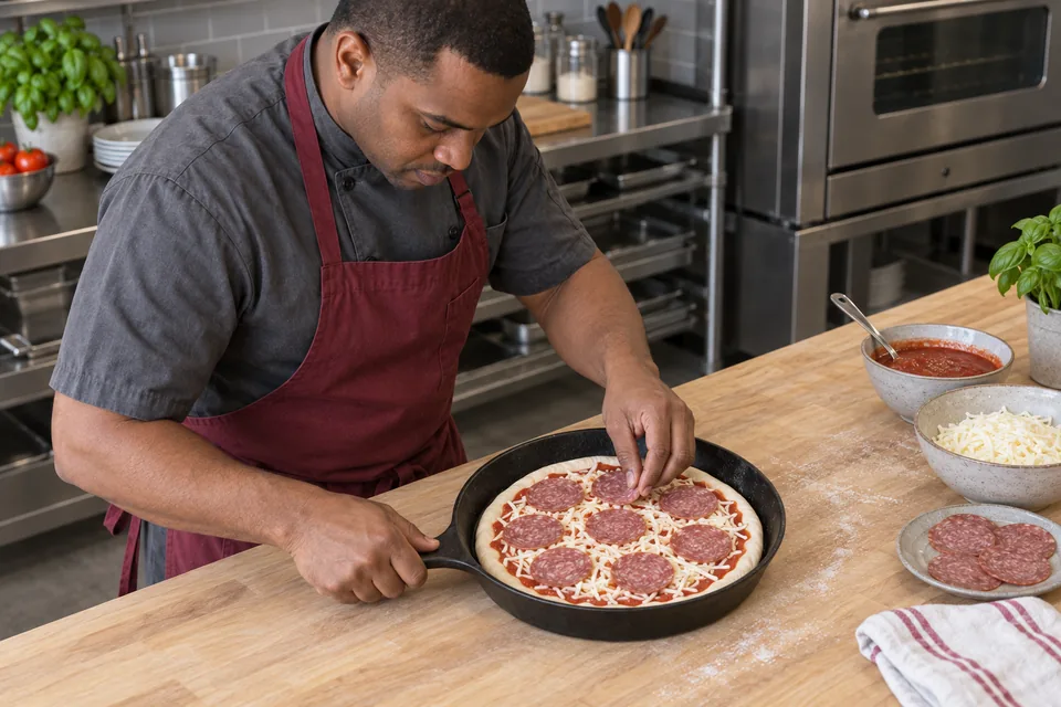 Cook adding toppings to a raw beef salami skillet pizza.