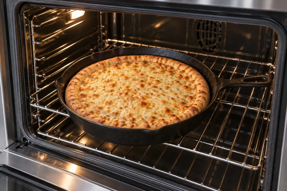 A four cheese skillet pizza baking until the crust is golden and the topping cooked.
