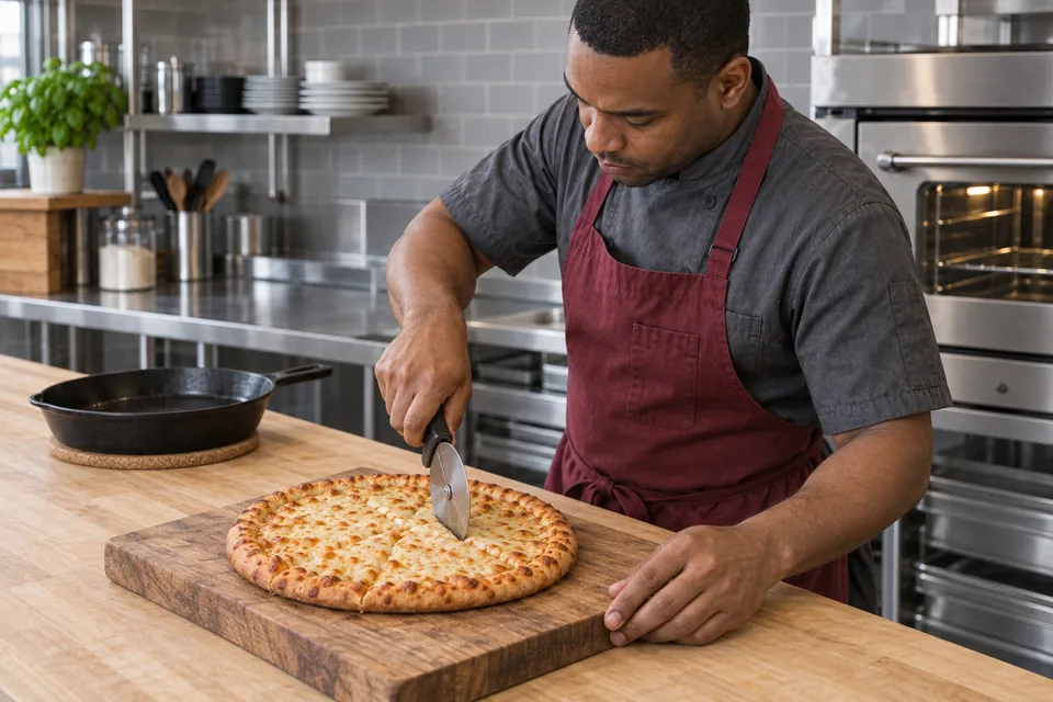 Finished four cheese skillet pizza on a wooden serving board.