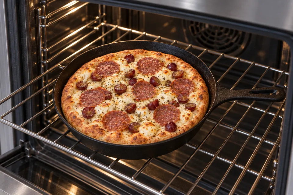 A grape salami skillet pizza baking until the crust is golden and the topping cooked.