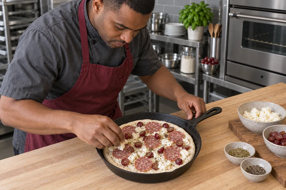 Cook adding toppings to a raw grape salami skillet pizza.