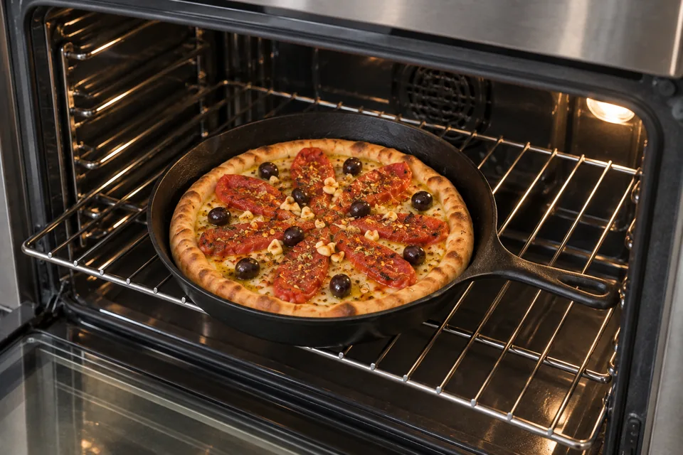 Tomato and olive skillet pizza baking without the anchovies, which are added afterwards.