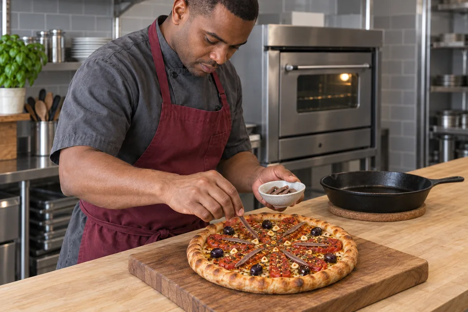 Finished olive anchovy skillet pizza on a wooden serving board.