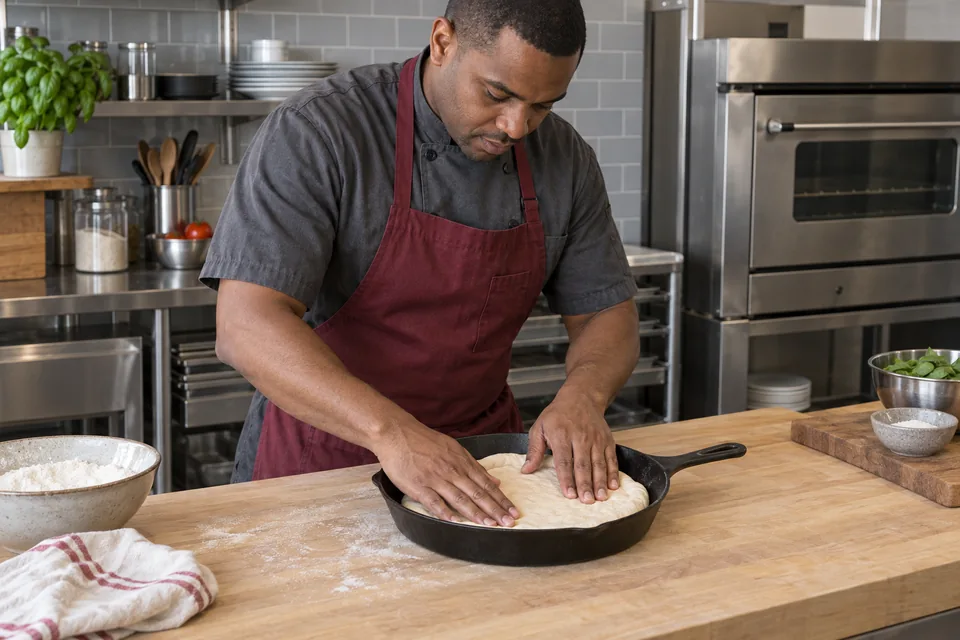 Cook gently pressing relaxed raw dough into a dry, unheated skillet.