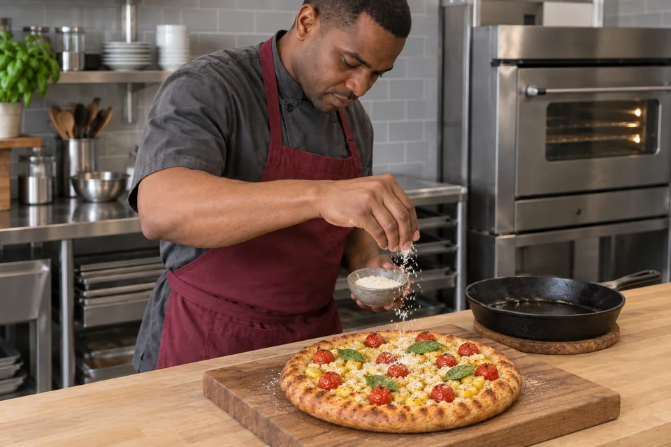 Finished squash skillet pizza on a wooden serving board.