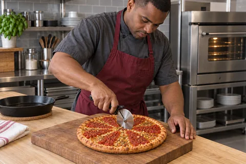 Finished tomato garlic skillet pizza on a wooden serving board.