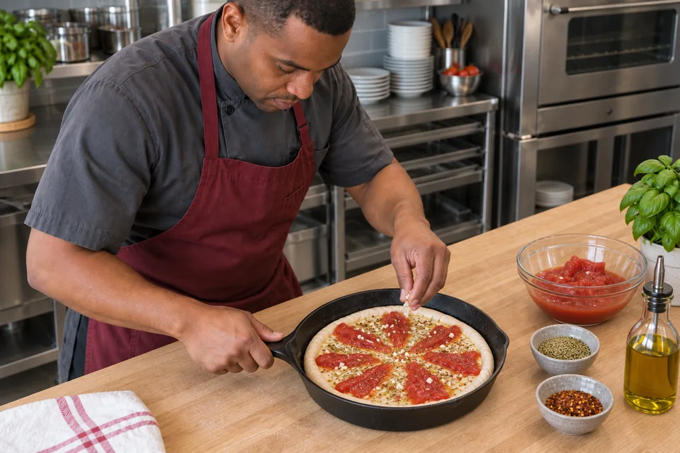 Chef scattering finely chopped garlic over torn tomato strips on raw skillet pizza.