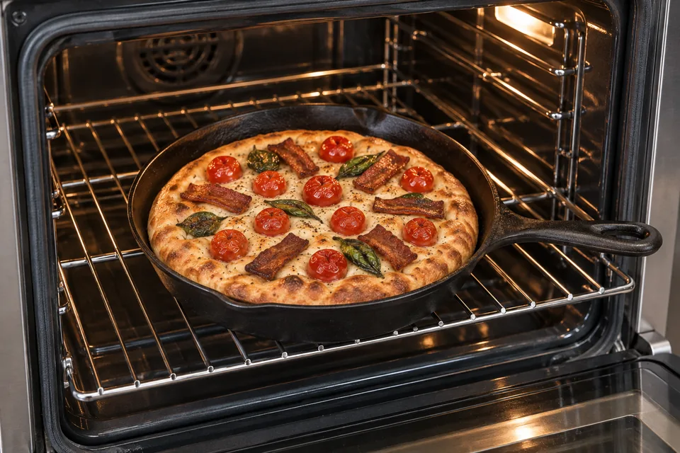 A turkey bacon skillet pizza baking until the crust is golden and the topping cooked.