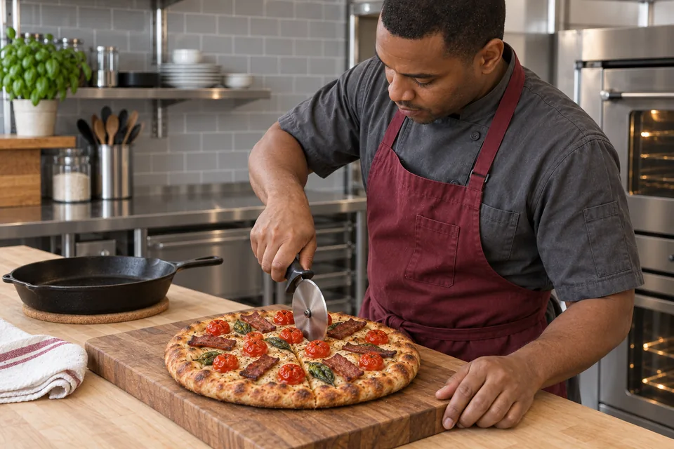 Finished turkey bacon skillet pizza on a wooden serving board.