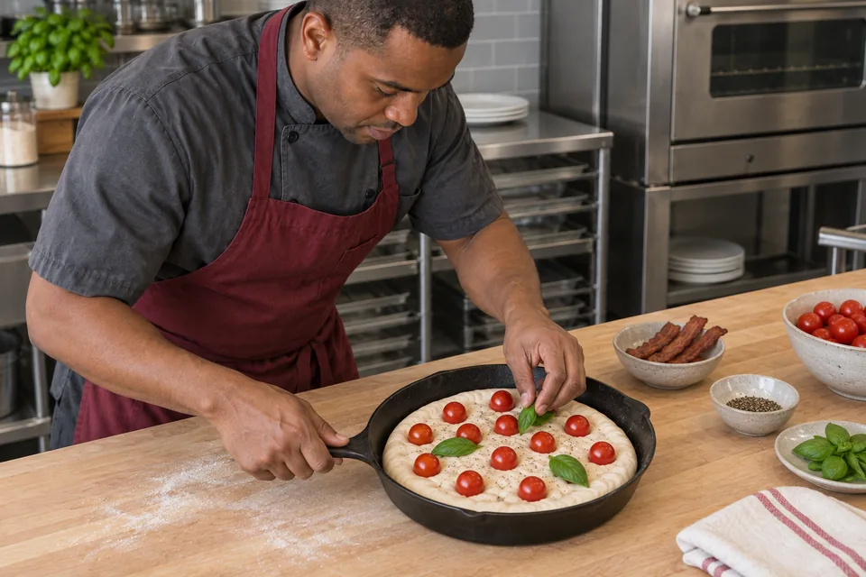 Cherry tomatoes and basil on raw dough, with cooked turkey bacon reserved in a separate bowl.