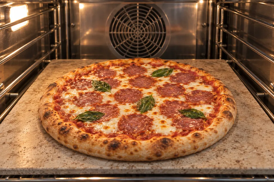A beef salami pizza with browned rim baking directly on a heated pizza stone.