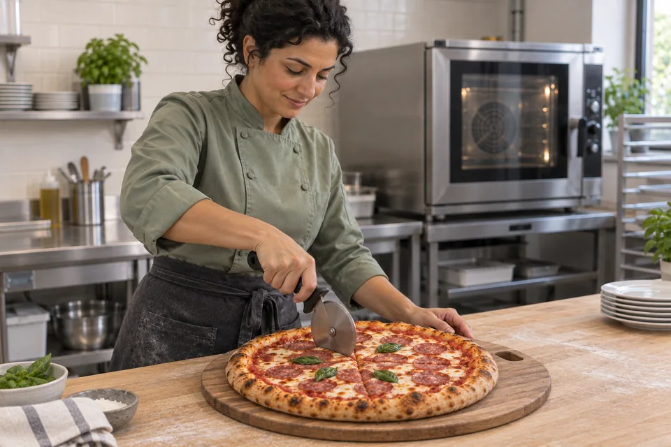 Finished beef salami pizza on a wooden board, ready to serve.