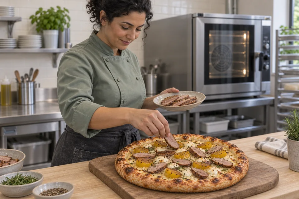 Finished beet duck pizza on a wooden board, ready to serve.