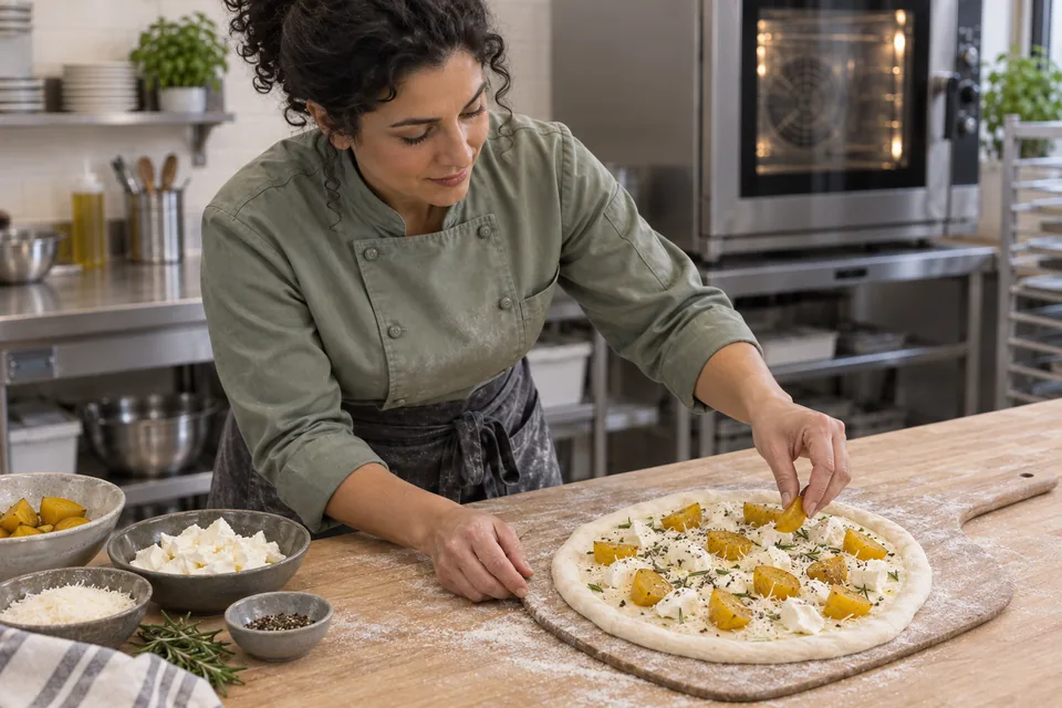 Golden beet pieces and cheese on raw pizza dough; duck is reserved for after baking.