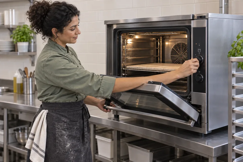 Chef heating an empty pizza stone in a stainless electric oven.